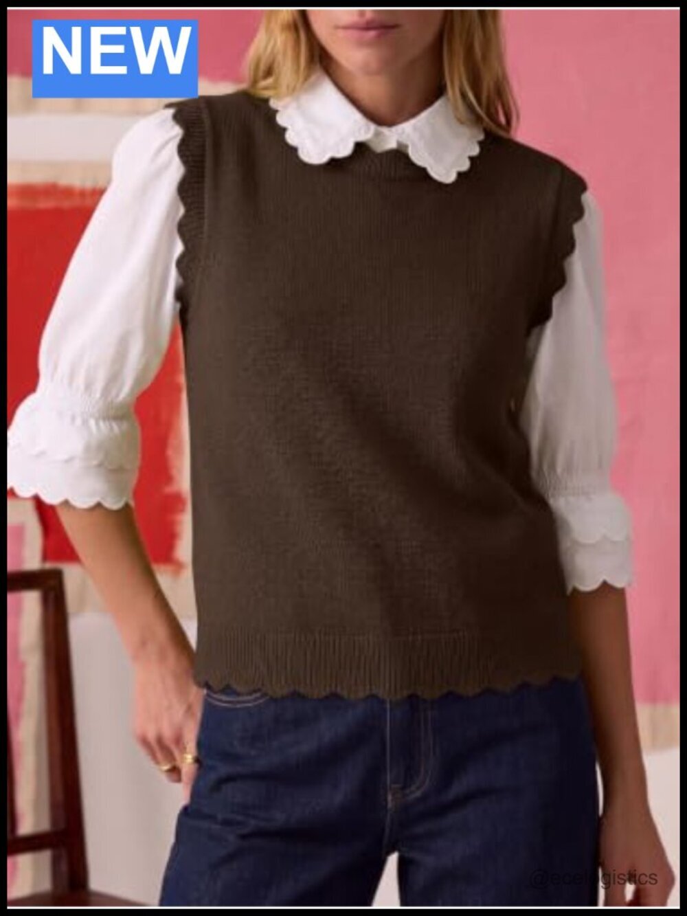 Sleeveless Scallop Knit Sweater Vest, Soft Blend, Crew Neck Pullover, Preppy